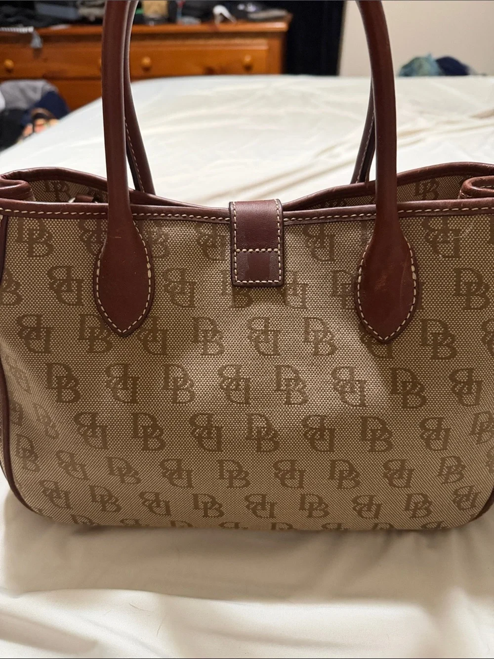 Dooney & Bourke Brown Logo-Print Canvas Tote with Dark Brown Leather Trim